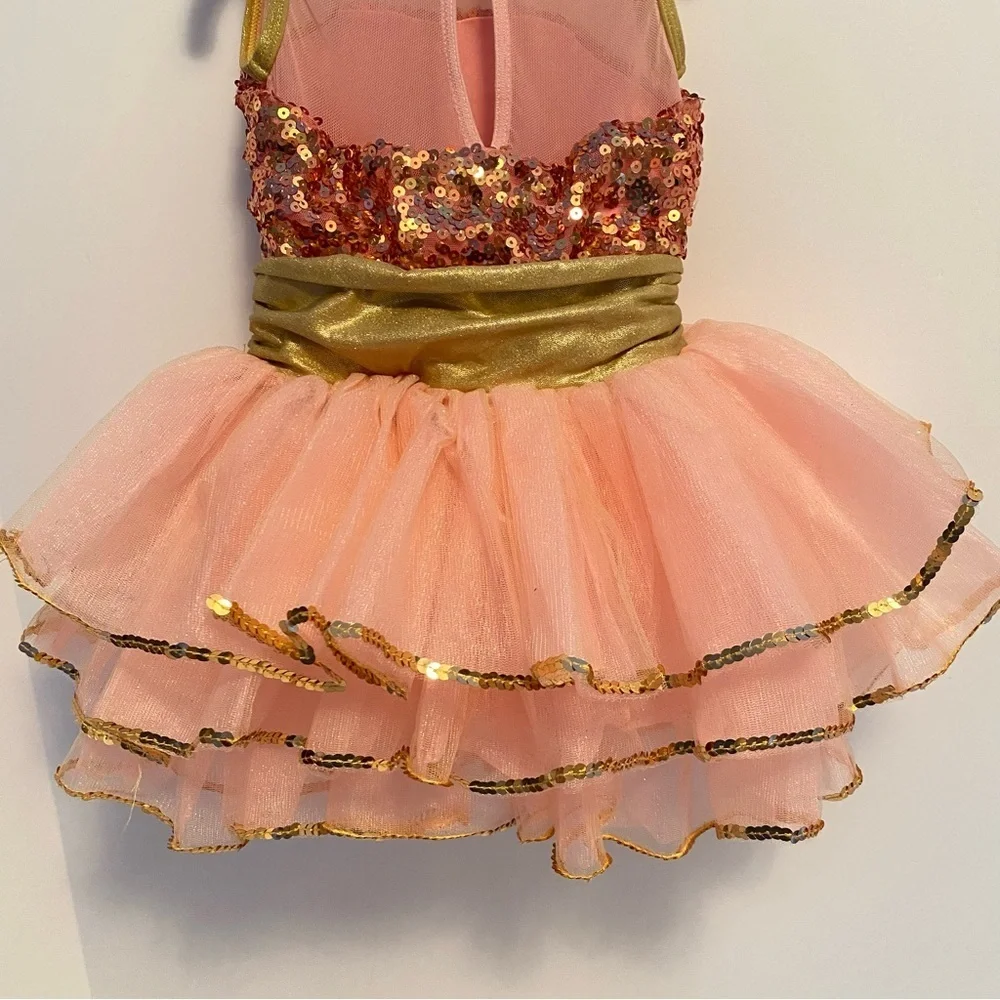Revolution This Magic Moment Sequin Tulle Coral Gold Dance Costume Size SC